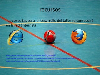 recursos las consultas para  el desarrollo del taller se conseguirá en la red (internet) http://www.efisioterapia.net/articulos/leer.php?id_texto=182 http://www.youtube.com/watch?v=RvQNsRsqrcA&playnext=1&list=PL4D31D82530D714DF http://viref.udea.edu.co/contenido/pdf/024-BiomPateoFutsala.pdf 