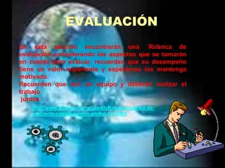 EVALUACIÓNEn esta sección encontrarán una ´Rúbrica de evaluación considerando los aspectos que se tomarán en cuenta para evaluar, recuerden que su desempeño tiene un valor importante y esperamos los mantenga motivado.Recuerden que son un equipo y deberán realizar el trabajo juntos. http://www.slideshare.net/JarelyRosales/rubrica-de-evaluacin-calentamiento-global-8132308