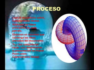PROCESO.Lean el documento sobre Calentamiento Global.Subrayen las ideas principales de cada párrafo.Elaboren un resumen que contenga las ideas extraídas del documento.Tu y tus compañeros verán  con detenimiento la presentación en Power Point sobre Calentamiento Global