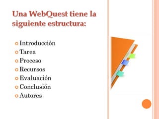 Introducción

 Tarea

 Proceso

 Recursos

 Evaluación

 Conclusión

 Autores
 