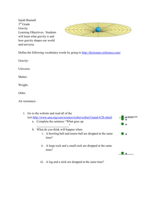 Sarah Bramall
3rd Grade
Gravity
Learning Objectives: Students
will learn what gravity is and
how gravity shapes our world
and universe.

Define the following vocabulary words by going to http://dictionary.reference.com/

Gravity-

Universe-

Matter-

Weight-

Orbit-

Air resistance-


   1. Go to the website and read all of the
      text.http://www.uen.org/core/science/sciber/sciber3/stand-4/2b.shtml
          a. Complete the sentence “What goes up
              _____________________”
          b. What do you think will happen when:
                   i. A bowling ball and tennis ball are dropped at the same
                      time?

                  ii. A large rock and a small rock are dropped at the same
                      time?


                  iii. A log and a stick are dropped at the same time?
 