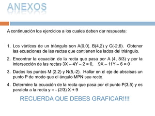  Para subir el documento al aula virtual existe un enlace que se denomina “Solución a ejercicios de La Recta”, allí deben subir su documento PDF, recuerden que sólo pueden subir un documento por pareja.recursosSe han seleccionado los siguientes videos, los cuales deben ser vistos antes de dar respuesta a los ejercicios propuestos, sin olvidar que el libro texto es “Geometría Analítica” de Lehman, el cual debe ser consultado por cada uno de ustedes.Área de polígonos (Parte 1)Área de polígonos (Parte 2)Condición de paralelismo de rectas (Parte 1)Condición de paralelismo de rectas (Parte 2)Condición de perpendicularidad entre rectas (Parte 1)Condición de perpendicularidad entre rectas (Parte 2)Introducción a la ecuación de la rectaEcuación ordinaria de la rectaEcuación punto-pendiente de la rectaEcuación de la recta que pasa por dos puntosÁngulo entre 2 rectas (Parte 1)Ángulo entre 2 rectas (Parte 2)