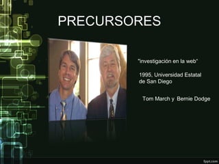 PRECURSORES 
"investigación en la web“ 
1995, Universidad Estatal 
de San Diego 
Tom March y Bernie Dodge 
 