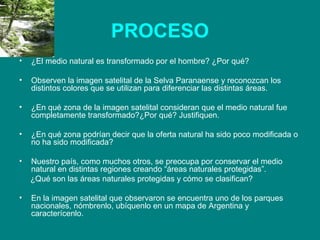 PROCESO ¿El medio natural es transformado por el hombre? ¿Por qué? Observen la imagen satelital de la Selva Paranaense y reconozcan los distintos colores que se utilizan para diferenciar las distintas áreas. ¿En qué zona de la imagen satelital consideran que el medio natural fue completamente transformado?¿Por qué? Justifiquen. ¿En qué zona podrían decir que la oferta natural ha sido poco modificada o no ha sido modificada? Nuestro país, como muchos otros, se preocupa por conservar el medio natural en distintas regiones creando “áreas naturales protegidas”.  ¿Qué son las áreas naturales protegidas y cómo se clasifican? En la imagen satelital que observaron se encuentra uno de los parques nacionales, nómbrenlo, ubíquenlo en un mapa de Argentina y caracterícenlo. 