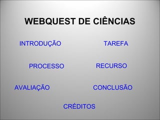 WEBQUEST DE CIÊNCIAS
INTRODUÇÃO TAREFA
PROCESSO RECURSO
AVALIAÇÃO CONCLUSÃO
CRÉDITOS
 