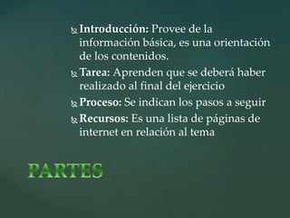  Introducción: Provee de la
información básica, es una orientación
de los contenidos.
Tarea: Aprenden que se deberá haber
realizado al final del ejercicio
Proceso: Se indican los pasos a seguir
Recursos: Es una lista de páginas de
internet en relación al tema