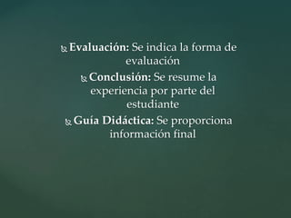  Evaluación: Se indica la forma de
evaluación
Conclusión: Se resume la
experiencia por parte del
estudiante
Guía Didáctica: Se proporciona
información final