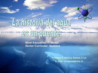 Profesora: Mónica Ramos Cruz E-mail: mramos@hma.cl La historia del agua es un puente. Nivel Educativo: 1º Medio  Sector Curricular: Química 