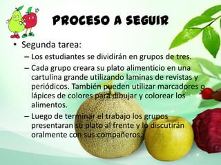 Proceso a seguir
• Segunda tarea:
– Los estudiantes se dividirán en grupos de tres.
– Cada grupo creara su plato alimenticio en una
cartulina grande utilizando laminas de revistas y
periódicos. También pueden utilizar marcadores o
lápices de colores para dibujar y colorear los
alimentos.
– Luego de terminar el trabajo los grupos
presentaran su plato al frente y lo discutirán
oralmente con sus compañeros.
 