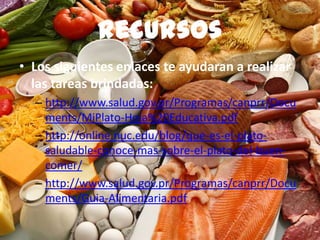 Recursos
• Los siguientes enlaces te ayudaran a realizar
las tareas brindadas:
– http://www.salud.gov.pr/Programas/canprr/Docu
ments/MiPlato-Hoja%20Educativa.pdf
– http://online.nuc.edu/blog/que-es-el-plato-
saludable-conoce-mas-sobre-el-plato-del-buen-
comer/
– http://www.salud.gov.pr/Programas/canprr/Docu
ments/Guia-Alimentaria.pdf
 
