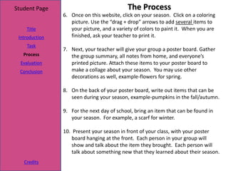 Student Page                                The Process
                6. Once on this website, click on your season. Click on a coloring
                   picture. Use the “drag + drop” arrows to add several items to
    Title          your picture, and a variety of colors to paint it. When you are
 Introduction      finished, ask your teacher to print it.
     Task
                7. Next, your teacher will give your group a poster board. Gather
   Process         the group summary, all notes from home, and everyone’s
  Evaluation       printed picture. Attach these items to your poster board to
  Conclusion       make a collage about your season. You may use other
                   decorations as well, example-flowers for spring.

                8. On the back of your poster board, write out items that can be
                   seen during your season, example-pumpkins in the fall/autumn.

                9. For the next day of school, bring an item that can be found in
                   your season. For example, a scarf for winter.

                10. Present your season in front of your class, with your poster
                    board hanging at the front. Each person in your group will
                    show and talk about the item they brought. Each person will
                    talk about something new that they learned about their season.
   Credits
 