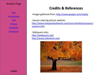 Student Page
                                Credits & References
    Title
                -Images gathered from: http://www.google.com/imghp
 Introduction
     Task       -Season coloring picture website:
   Process      http://www.sheppardsoftware.com/scienceforkids/seasons/
  Evaluation
                seasons.htm

  Conclusion    -Webquest sites:
                http://webquest.org/
                http://www.slideshare.net/




   Credits
 
