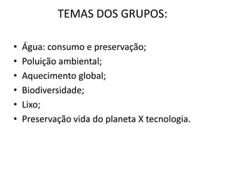 TEMAS DOS GRUPOS:

•   Água: consumo e preservação;
•   Poluição ambiental;
•   Aquecimento global;
•   Biodiversidade;
•   Lixo;
•   Preservação vida do planeta X tecnologia.
 