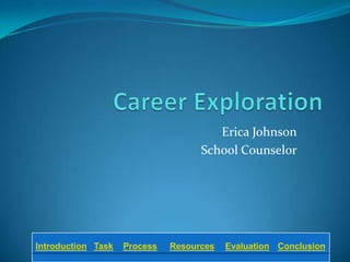 Erica Johnson
                                    School Counselor




Introduction Task   Process   Resources   Evaluation Conclusion
 