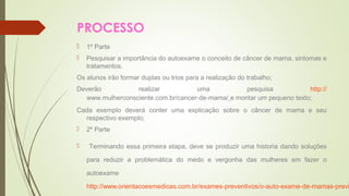 PROCESSO 
 1º Parte 
 Pesquisar a importância do autoexame o conceito de câncer de mama, sintomas e 
tratamentos. 
Os alunos irão formar duplas ou trios para a realização do trabalho; 
Deverão realizar uma pesquisa http:// 
www.mulherconsciente.com.br/cancer-de-mama/ e montar um pequeno texto; 
Cada exemplo deverá conter uma explicação sobre o câncer de mama e seu 
respectivo exemplo; 
 2º Parte 
 Terminando essa primeira etapa, deve se produzir uma historia dando soluções 
para reduzir a problemática do medo e vergonha das mulheres em fazer o 
autoexame 
http://www.orientacoesmedicas.com.br/exames-preventivos/o-auto-exame-de-mamas-previne-/ . 
 