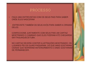 PROCESSO
•   FAÇA UMA ENTREVISTAS COM OS SEUS PAIS PARA SABER
    ONDE ELES NASCERAM

    ENTREVISTE TAMBÉM OS SEUS AVÓS PARA SABER A ORIGEM
    DELES.

    CONFECCIONE JUNTAMENTE COM SEUS PAIS UM CARTAZ
    MOSTRANDO O CAMINHO QUE ELES FIZERAM ATÉ CHEGAREM
    EM ITAQUAQUECETUBA.

    NO CARTAZ DEVERÁ CONTER ILUSTRAÇÕES MOSTRANDO: OS
    LUGARES PELOS QUAIS PASSARAM, OS QUE MAIS GOSTARAM,
    CIDADE QUE MORARAM ANTERIORMENTE E ONDE GOSTARIAM
    DE PERMANECER.
 
