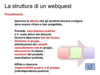 La struttura di un webquest
Procedimento

      descrive le attività che gli studenti devono svolgere
      deve essere chiara e ben progettata,

      Prevede esercitazioni pratiche
      e il ruolo attivo dei discenti.
      Occorre descrivere fasi del lavoro,
      divisione in gruppi,
      distribuzione dei compiti,
      consultazione web in gruppi,
      discussione in classe ,
      revisione dei prodotti,
      esercitazioni pratiche,

      Affida a ciascuno
      responsabilità proprie e di gruppo
      (interdipendenza positiva)
 