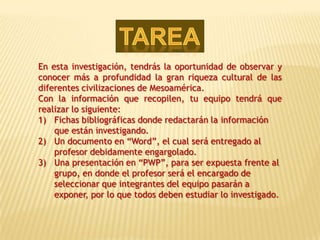 En esta investigación, tendrás la oportunidad de observar y
conocer más a profundidad la gran riqueza cultural de las
diferentes civilizaciones de Mesoamérica.
Con la información que recopilen, tu equipo tendrá que
realizar lo siguiente:
1) Fichas bibliográficas donde redactarán la información
    que están investigando.
2) Un documento en “Word”, el cual será entregado al
    profesor debidamente engargolado.
3) Una presentación en “PWP”, para ser expuesta frente al
    grupo, en donde el profesor será el encargado de
    seleccionar que integrantes del equipo pasarán a
    exponer, por lo que todos deben estudiar lo investigado.
 