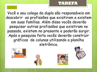 TAREFA
 MENU

 Você e seu colega da dupla são responsáveis em
descobrir as profissões que existiram e existem
   em suas famílias. Além disso vocês deverão
  pesquisar outras profissões que existiram no
 passado, existem no presente e poderão surgir.
  Após a pesquisa feita vocês deverão construir
    gráficos de colunas utilizando a planilha
                   eletrônica.
 