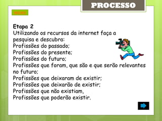 PROCESSO
MENU



Etapa 2
Utilizando os recursos da internet faça a
pesquisa e descubra:
Profissões do passado;
Profissões do presente;
Profissões do futuro;
Profissões que foram, que são e que serão relevantes
no futuro;
Profissões que deixaram de existir;
Profissões que deixarão de existir;
Profissões que não existiam,
Profissões que poderão existir.
 