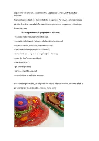 de parafina. Cubra novamente com parafina e, após o resfriamento, distribua outras 
organelas. 
Repita esta operação até ter distribuído todas as organelas. Por fim, uma última camada de 
parafina deverá ser colocada de forma a cobrir completamente as organelas, evitando que 
fiquem expostas. 
Lista de alguns materiais que podem ser utilizados: 
- massa de modelar azul (complexo de Golgi); 
- massa de modelar verde (retículo endoplasmático liso e rugoso); 
- miçangas grandes ou bolinhas de gude (lisossomo); 
- uva-passa ou miçangas pequenas (ribossomo); 
- castanhas de caju ou gomos de tangerina (mitocôndrias); 
- macarrão tipo "penne" (centríolos); 
- fita colorida (DNA); 
- gel colorido (núcleo); 
- parafina em gel (citoplasma); 
- pote plástico e saco plástico pequeno. 
Dica! Para abrigar o núcleo, um pequeno saco plástico pode ser utilizado. Preencha-o com o 
gel colorido (gel fixador de cabelo funciona muito bem). 
 