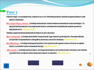 Paso 4
De e n e g uno d e to ro s c d a no un ro d re p rate r ato o lo e p c lis se c d
  b rá le ir    e s s le , a a lum       l ife nte a ne    d s s s e ia ta n a a
  e ta ió d tra a :
   s c n e b jo

Ro l Arque ó lo g o urbano : tu tra a s ráa liza lo e m nto e o d se lazo atra a r. Tu
                                   b jo e na r s le e s nc ntra o n      na   b ja
  e p c lid d s ráe tud r lo o e sd l te no c ns e nd lo o je sd l p s d q s ha
   s e ia a e s ia s ríg ne e rre , o id ra o s b to e a a o ue e n
  d s ub rto e é Má info a ió
   e c ie     n l. s    rm c n
De d tu e p c lid da o rá a tiva e e e p n d a c n.
  s e s e ia a p rta s c m nte n l la e c ió

Ro l Cartó g rafo : tu tra a s rád e r lo p no d l lug r s b e q tra a rá P rae tod b rá
                          b jo e is ña s la s e       a o re l ue b ja n. a s e e s
  c m re e lare re e c n c rto rá a te nd unano ió d e c la Má info a ió
   o p nd r    p s nta ió a g fic , nie o      c n e sa . s        rm c n

Ro l Hidró lo g o : tu tra a s ráe p c liza e laim o nc d l a uae lazo . Co c r s e ta o
                          b jo e s e ia rte n     p rta ia e g n      na no e u s d
  a tua y s tra fo a ió atra sd l tie p . Má info a ió
   c l u ns rm c n          vé e m o        s    rm c n

His to riado r: tu tra a s rác m a r, alo la o d lahis ria laim o nc d l ria hue y la m d a
                      b jo e o p ra         rg e      to ,     p rta ia e c lo       s e id s
  q s to a n (o d ja n d to a e p ram jo r s s c n. Má info a ió
   ue e m ro     e ro e m rs ) a     e ra u itua ió   s    rm c n
 