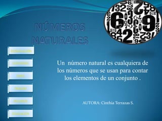 INTRODUCCIÓN



CONTENIDO      Un número natural es cualquiera de
               los números que se usan para contar
   TAREA
                  los elementos de un conjunto .
  PROCESO



 RECURSOS
                        AUTORA: Cinthia Terrazas S.

EVALUACIÓN
 