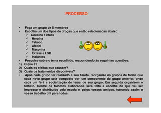 PROCESSO


•   Faça um grupo de 5 membros
•   Escolha um dos tipos de drogas que estão relacionadas abaixo:
        Cocaína e crack
        Heroína
        Tabaco
        Álcool
        Maconha
        Êxtase e LSD
        Inalantes
•   Pesquise sobre o tema escolhido, respondendo às seguintes questões:
1) O que é?
2) Quais os efeitos que causam?
3) Quais os tratamentos disponíveis?
•   Após cada grupo ter realizado a sua tarefa, reorganize os grupos de forma que
   cada novo grupo seja composto por um componente do grupo anterior, onde
   cada um fará a socialização do tema de seu grupo. Em seguida organizem o
   folheto. Dentre os folhetos elaborados será feita a escolha do que vai ser
   impresso e distribuído pela escola e pelos vossos amigos, tornando assim o
   vosso trabalho útil para todos.
 