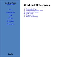 Student Page
 [Teacher Page]
                  Credits & References
                  1.   The WebQuest Page
     Title        2.   The WebQuest Slideshare Group
                  3.   Macaulay Culkin Scream
 Introduction
                  4.   Sports Picture
     Task         5.   Computer Picture
                  6.   Rubistar.4teachers.org
   Process
  Evaluation
  Conclusion




    Credits
 