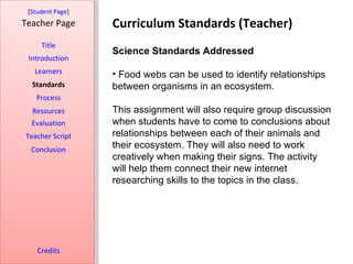 [Student Page]
Teacher Page      Curriculum Standards (Teacher)
     Title
                  Science Standards Addressed
 Introduction
   Learners       • Food webs can be used to identify relationships
  Standards       between organisms in an ecosystem.
   Process
  Resources       This assignment will also require group discussion
  Evaluation      when students have to come to conclusions about
Teacher Script    relationships between each of their animals and
  Conclusion      their ecosystem. They will also need to work
                  creatively when making their signs. The activity
                  will help them connect their new internet
                  researching skills to the topics in the class.




    Credits
 