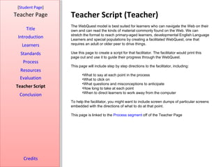[Student Page]
Teacher Page      Teacher Script (Teacher)
                  The WebQuest model is best suited for learners who can navigate the Web on their
     Title        own and can read the kinds of material commonly found on the Web. We can
                  stretch the format to reach primary-aged learners, developmental English Language
 Introduction     Learners and special populations by creating a facilitated WebQuest, one that
   Learners       requires an adult or older peer to drive things.

  Standards       Use this page to create a script for that facilitator. The facilitator would print this
                  page out and use it to guide their progress through the WebQuest.
   Process
                  This page will include step by step directions to the facilitator, including:
  Resources
                         •What to say at each point in the process
  Evaluation             •What to click on
                         •What questions and misconceptions to anticipate
Teacher Script           •How long to take at each point
                         •When to direct learners to work away from the computer
  Conclusion
                  To help the facilitator, you might want to include screen dumps of particular screens
                  embedded with the directions of what to do at that point.

                  This page is linked to the Process segment off of the Teacher Page




    Credits
 