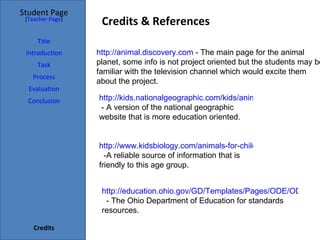 Student Page
 [Teacher Page]
                   Credits & References
     Title
 Introduction     http://animal.discovery.com - The main page for the animal
     Task         planet, some info is not project oriented but the students may be
                  familiar with the television channel which would excite them
   Process
                  about the project.
  Evaluation
  Conclusion      http://kids.nationalgeographic.com/kids/animals/creaturefeature
                   - A version of the national geographic
                  website that is more education oriented.


                  http://www.kidsbiology.com/animals-for-children.php
                    -A reliable source of information that is
                  friendly to this age group.


                   http://education.ohio.gov/GD/Templates/Pages/ODE/ODEDefa
                    - The Ohio Department of Education for standards
                   resources.

    Credits
 