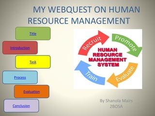 Introduction
Task
Process
Evaluation
Conclusion
Title
MY WEBQUEST ON HUMAN
RESOURCE MANAGEMENT
By Shanola Mairs
2BOSA
 