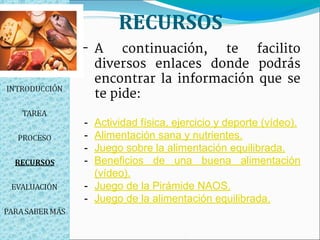 RECURSOS
- A continuación, te facilito
diversos enlaces donde podrás
encontrar la información que se
te pide:
- Actividad física, ejercicio y deporte (vídeo).
- Alimentación sana y nutrientes.
- Juego sobre la alimentación equilibrada.
- Beneficios de una buena alimentación
(vídeo).
- Juego de la Pirámide NAOS.
- Juego de la alimentación equilibrada.
 