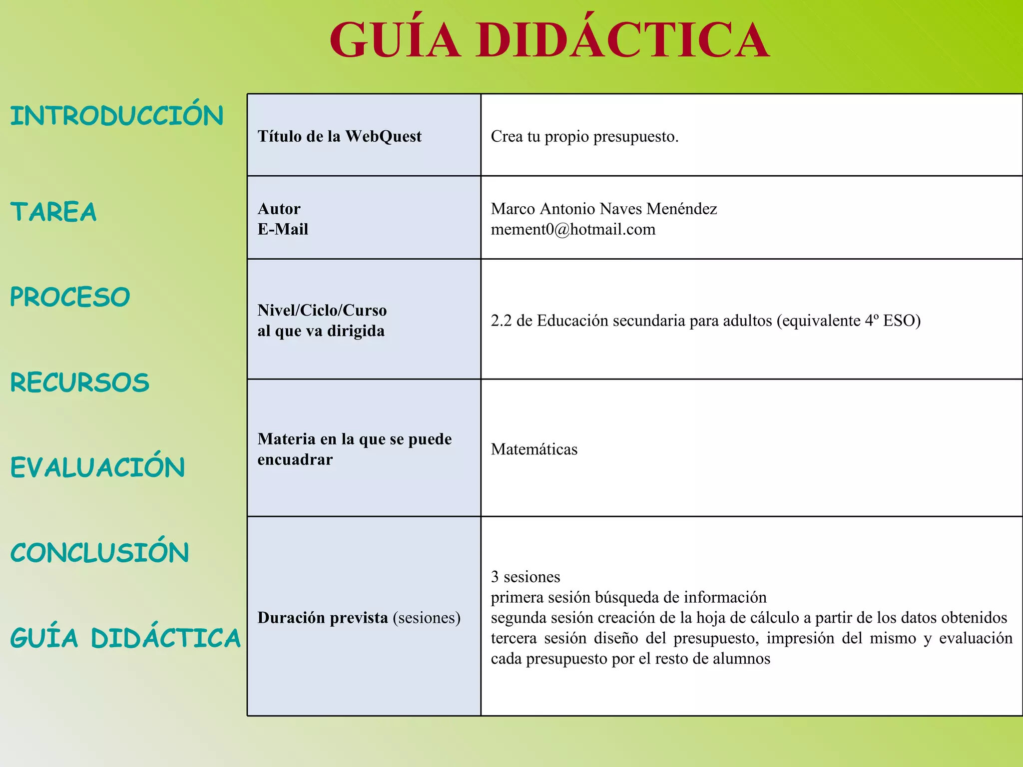 INTRODUCCIÓN TAREA PROCESO RECURSOS EVALUACIÓN CONCLUSIÓN GUÍA DIDÁCTICA GUÍA DIDÁCTICA 3 sesiones  primera sesión búsqueda de información segunda sesión creación de la hoja de cálculo a partir de los datos obtenidos tercera sesión diseño del presupuesto, impresión del mismo y evaluación cada presupuesto por el resto de alumnos Duración prevista  (sesiones) Matemáticas Materia en la que se puede encuadrar 2.2 de Educación secundaria para adultos (equivalente 4º ESO) Nivel/Ciclo/Curso al que va dirigida Marco Antonio Naves Menéndez [email_address] Autor E-Mail Crea tu propio presupuesto. Título de la WebQuest 