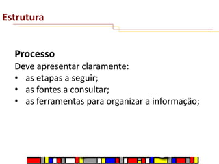 Estrutura

Processo
Deve apresentar claramente:
• as etapas a seguir;
• as fontes a consultar;
• as ferramentas para organizar a informação;

 