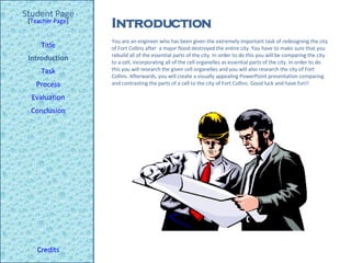 Introduction Student Page Title Introduction Task Process Evaluation Conclusion Credits [ Teacher Page ] You are an engineer who has been given the extremely important task of redesigning the city of Fort Collins after  a major flood destroyed the entire city. You have to make sure that you  rebuild all of the essential parts of the city. In order to do this you will be comparing the city to a cell, incorporating all of the cell organelles as essential parts of the city. In order to do this you will research the given cell organelles and you will also research the city of Fort Collins. Afterwards, you will create a visually appealing PowerPoint presentation comparing and contrasting the parts of a cell to the city of Fort Collins. Good luck and have fun!! 