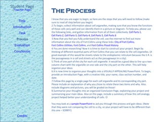 The   Process Student Page Title Introduction Task Process Evaluation Conclusion Credits [ Teacher Page ] I know that you are eager to begin, so here are the steps that you will need to follow (make sure to read all step before you begin): To begin, collect information about cell organelles, making sure that you know the functions of these cells very well and can identify them in a picture or diagram. To help you, please use the following links, and gather information from all of them collectively:  Cell Parts 1 ,  Cell Parts 2 ,  Cell Parts 3 ,  Cell Parts 4 ,  Cell Parts 5 ,  Cell Parts 6  Now that you feel you fully understand the cell, use the internet to find out more information about the city of Fort Collins using these links:  City of Fort Collins ,  Fort Collins Utilities ,  Fort Collins , and  Fort Collins Flood History  You are done researching! Now it is time to start to construct your project. Begin by thinking of different essential parts of Fort Collins that you can relate to the cell organelles. (A good example of this would be streets relate to the endoplasmic reticulum because the E.R. is the passageways in a cell and streets act as the passageways in a city).  Think of one part of the city for each cell organelle. It would be a good idea to line up a two-column chart with the organelle on one side and the city part on the other. This will help organize your ideas. It is now time to organize your thoughts into a VISUALLY APPEALING PowerPoint. To begin, provide an Introduction Page, with a creative title, your name, class section number, and date.  Follow this page by a single page for each cell organelle and its corresponding city part. Please include an explanation of why you chose to relate these two items and why. Also, include diagrams and pictures, you will be graded on those! Summarize your thoughts into an organized Conclusion Page, explaining your project and summarizing your main ideas. Also on this page, include a summary of how this cell analogy project helped better your understanding of cells.     You may look at a  sample PowerPoint  to aid you through this process and gain ideas. (Note that they were not comparing the cell to a city, so your project will have to be different than this one – SORRY!)  