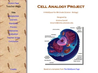 [ Student Page ] Title Introduction Learners Standards Process Resources Credits Teacher Page Based on a template from  The WebQuest Page Evaluation Teacher Script Conclusion A WebQuest for 8th Grade (Science - Biology) Designed by Kristina Carroll [email_address] Based on a template from  The WebQuest Page Cell Analogy Project 