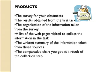PRODUCTS The survey for your classmates  The results obtained from the first task The organization of the information taken from the survey A list of the web pages visited to collect the information in the task The written summary of the information taken from those sources The comparative chart you got as a result of the collection step 