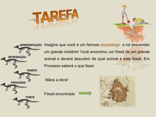 Imagine que você é um famoso  arqueólogo   e irá desvendar um grande mistério! Você encontrou um fóssil de um grande animal e deverá descobrir de qual animal é este fóssil. Em Processo saberá o que fazer. Mãos a obra! Fóssil encontrado  