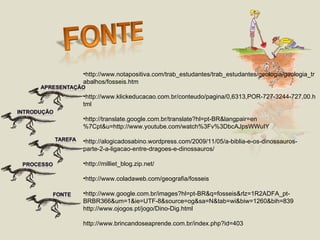 http://www.notapositiva.com/trab_estudantes/trab_estudantes/geologia/geologia_trabalhos/fosseis.htm http://www.klickeducacao.com.br/conteudo/pagina/0,6313,POR-727-3244-727,00.html http://translate.google.com.br/translate?hl=pt-BR&langpair=en%7Cpt&u=http://www.youtube.com/watch%3Fv%3DbcAJpsWWuIY http://alogicadosabino.wordpress.com/2009/11/05/a-biblia-e-os-dinossauros-parte-2-a-ligacao-entre-dragoes-e-dinossauros/ http://milliet_blog.zip.net/ http://www.coladaweb.com/geografia/fosseis http://www.google.com.br/images?hl=pt-BR&q=fosseis&rlz=1R2ADFA_pt-BRBR366&um=1&ie=UTF-8&source=og&sa=N&tab=wi&biw=1260&bih=839 http://www.ojogos.pt/jogo/Dino-Dig.html http://www.brincandoseaprende.com.br/index.php?id=403 