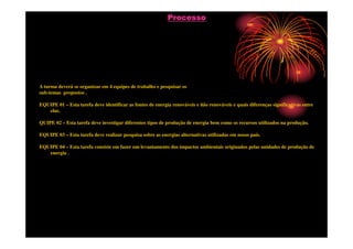 Processo




A turma deverá se organizar em 4 equipes de trabalho e pesquisar os
sub-temas propostos .

EQUIPE 01 – Esta tarefa deve identificar as fontes de energia renováveis e ñão renováveis e quais diferenças significativas entre
   elas.

QUIPE 02 – Esta tarefa deve investigar diferentes tipos de produção de energia bem como os recursos utilizados na produção.

EQUIPE 03 – Esta tarefa deve realizar pesquisa sobre as energias alternativas utilizadas em nosso país.

EQUIPE 04 – Esta tarefa consiste em fazer um levantamento dos impactos ambientais originados pelas unidades de produção de
   energia .
 