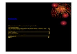 Avaliação:


O Aluno estará sendo avaliado na execução das seguintes tarefas:
Critério de pontuação.
Participação/envolvimento com o trabalho (aulas interdisciplinares e trabalho de grupo ......02
Leitura do livro e material sugerido ..........................................................................................01
Resenha crítica ..........................................................................................................................02
Esboço da maquete ....................................................................................................................01
Maquete (funcionando) .............................................................................................................02
Debate (posicionamento fundamentado)...................................................................................01
Apresentação final.....................................................................................................................01
TOTAL ....................................................................................................................................10
 