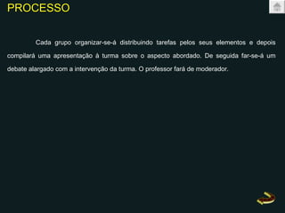 PROCESSO   Cada grupo organizar-se-á distribuindo tarefas pelos seus elementos e depois compilará uma apresentação à turma sobre o aspecto abordado. De seguida far-se-á um debate alargado com a intervenção da turma. O professor fará de moderador. 