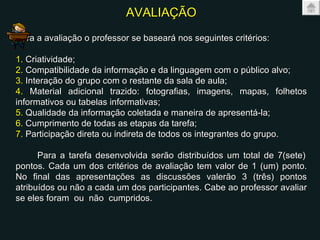 AVALIAÇÃO Para a avaliação o professor se baseará nos seguintes critérios:   1.  Criatividade; 2.  Compatibilidade da informação e da linguagem com o público alvo; 3.  Interação do grupo com o restante da sala de aula; 4.  Material adicional trazido: fotografias, imagens, mapas, folhetos informativos ou tabelas informativas; 5.  Qualidade da informação coletada e maneira de apresentá-la; 6.  Cumprimento de todas as etapas da tarefa;  7.  Participação direta ou indireta de todos os integrantes do grupo.     Para a tarefa desenvolvida serão distribuídos um total de 7(sete) pontos. Cada um dos critérios de avaliação tem valor de 1 (um) ponto. No final das apresentações as discussões valerão 3 (três) pontos atribuídos ou não a cada um dos participantes. Cabe ao professor avaliar se eles foram  ou  não  cumpridos.  
