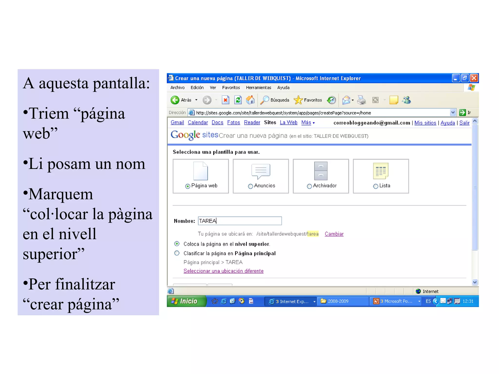 A aquesta pantalla: Triem “página web” Li posam un nom Marquem “col·locar la pàgina en el nivell superior” Per finalitzar “crear página” 