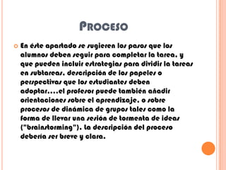 PROCESO
 En éste apartado se sugieren los pasos que los
alumnos deben seguir para completar la tarea, y
que pueden incluir estrategias para dividir la tareas
en subtareas, descripción de los papeles o
perspectivas que los estudiantes deben
adoptar,...el profesor puede también añadir
orientaciones sobre el aprendizaje, o sobre
procesos de dinámica de grupos tales como la
forma de llevar una sesión de tormenta de ideas
("brainstorming"). La descripción del proceso
debería ser breve y clara.
 
