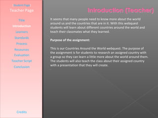 [Student Page]
Teacher Page

     Title        It seems that many people need to know more about the world
                  around us and the countries that are in it. With this webquest
 Introduction     students will learn about different countries around the world and
   Learners       teach their classmates what they learned.
  Standards
                  Purpose of the assignment:
   Process
  Resources       This is our Countries Around the World webquest. The purpose of
                  the assignment is for students to research an assigned country with
  Evaluation      a group so they can learn a little more about the world around them.
Teacher Script    The students will also teach the class about their assigned country
  Conclusion      with a presentation that they will create.
                  .




    Credits
 