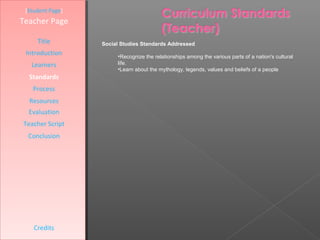 [Student Page]
Teacher Page

     Title        Social Studies Standards Addressed
 Introduction          •Recognize the relationships among the various parts of a nation's cultural
   Learners            life.
                       •Learn about the mythology, legends, values and beliefs of a people
  Standards
   Process
  Resources
  Evaluation
Teacher Script
  Conclusion




    Credits
 